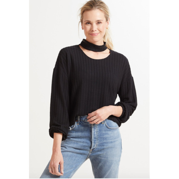 CHASER x EVEREVE NWT Black Ribbed Cutout Mock Neck Long Sleeve Top // M - Picture 3 of 11